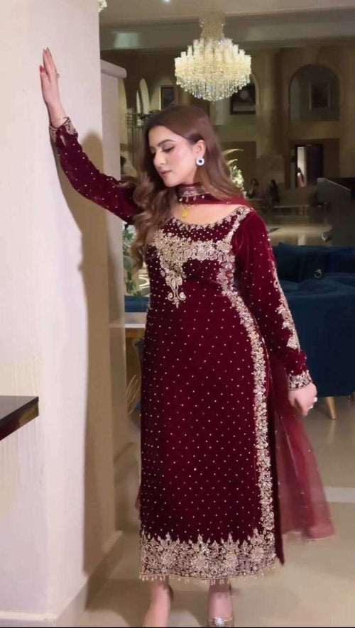 Designer Red Velvet Suit â€“ Fully Stitched Party Wear with Sequence Work & Net Dupatta