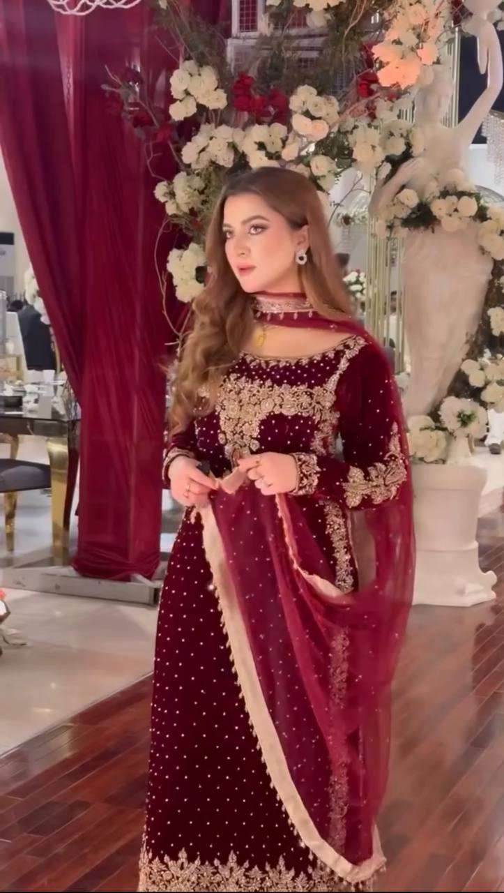 Designer Red Velvet Suit â€“ Fully Stitched Party Wear with Sequence Work & Net Dupatta