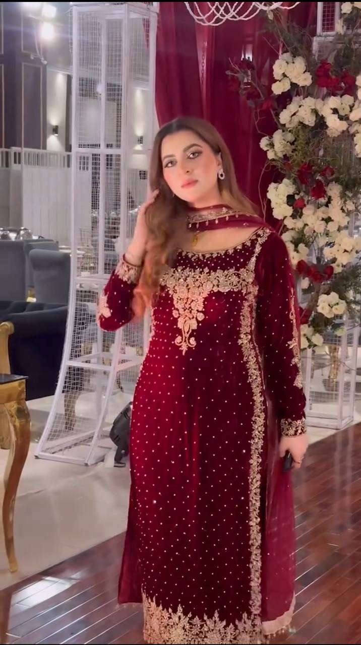 Designer Red Velvet Suit â€“ Fully Stitched Party Wear with Sequence Work & Net Dupatta