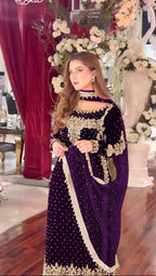 Luxury Purple Velvet Ensemble â€“ Fully Stitched Party Wear with Embroidered Net Dupatta