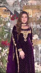 Luxury Purple Velvet Ensemble â€“ Fully Stitched Party Wear with Embroidered Net Dupatta