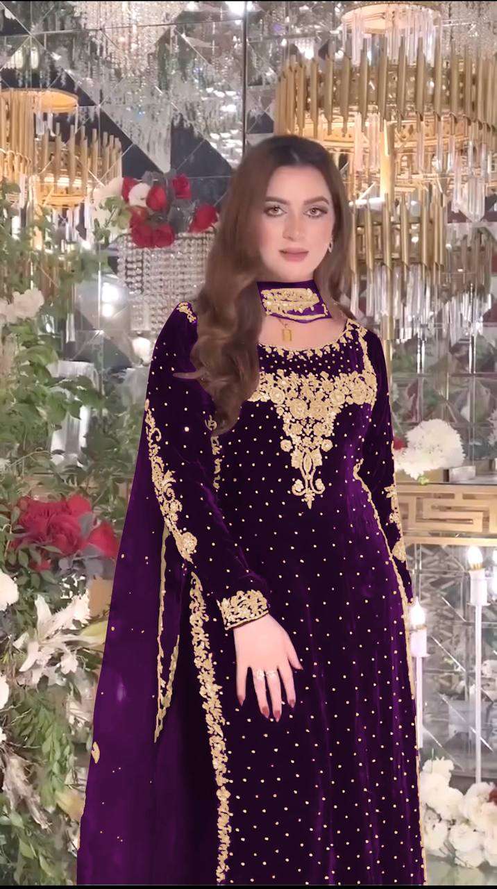 Luxury Purple Velvet Ensemble â€“ Fully Stitched Party Wear with Embroidered Net Dupatta
