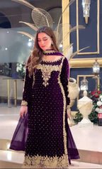 Luxury Purple Velvet Ensemble â€“ Fully Stitched Party Wear with Embroidered Net Dupatta