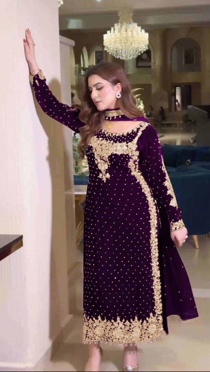 Luxury Purple Velvet Ensemble â€“ Fully Stitched Party Wear with Embroidered Net Dupatta