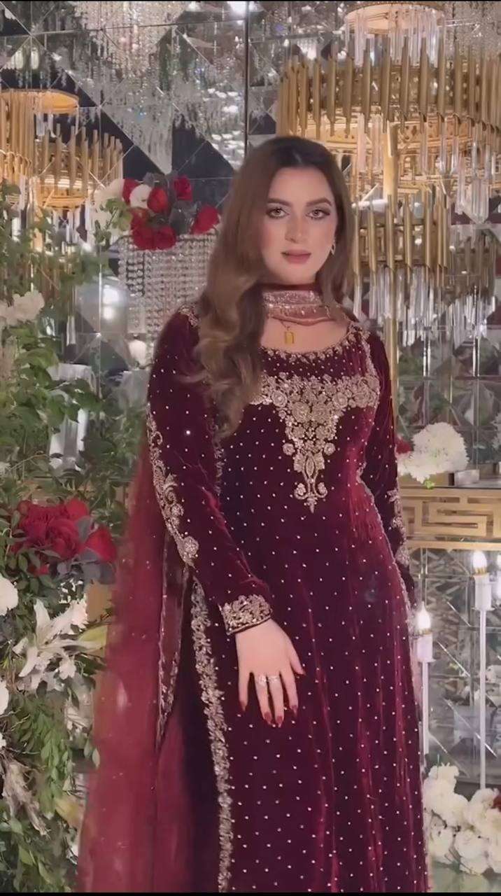 Designer Red Velvet Suit â€“ Fully Stitched Party Wear with Sequence Work & Net Dupatta