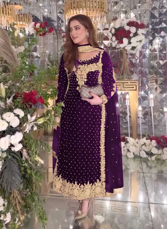 Luxury Purple Velvet Ensemble â€“ Fully Stitched Party Wear with Embroidered Net Dupatta
