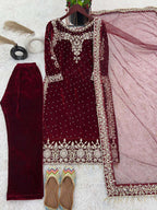 Designer Red Velvet Suit â€“ Fully Stitched Party Wear with Sequence Work & Net Dupatta