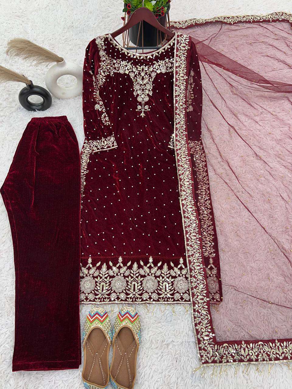 Designer Red Velvet Suit â€“ Fully Stitched Party Wear with Sequence Work & Net Dupatta