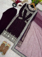 Luxury Purple Velvet Ensemble â€“ Fully Stitched Party Wear with Embroidered Net Dupatta