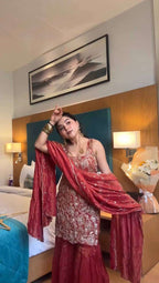 Elegant Simmer Silk Sharara Set â€“ Thread & Sequence Embroidered Top with Dupatta