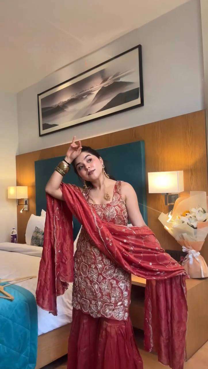 Elegant Simmer Silk Sharara Set â€“ Thread & Sequence Embroidered Top with Dupatta