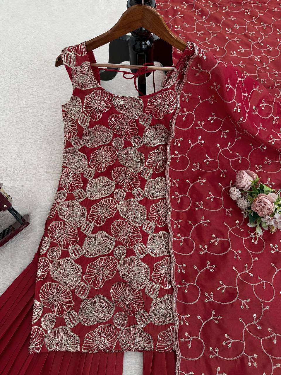 Elegant Simmer Silk Sharara Set â€“ Thread & Sequence Embroidered Top with Dupatta