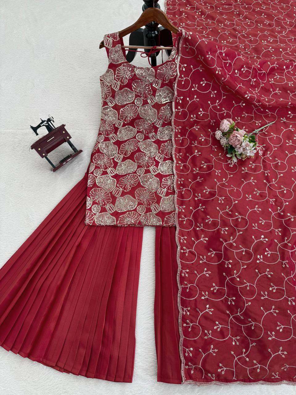 Elegant Simmer Silk Sharara Set â€“ Thread & Sequence Embroidered Top with Dupatta