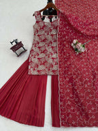 Elegant Simmer Silk Sharara Set â€“ Thread & Sequence Embroidered Top with Dupatta