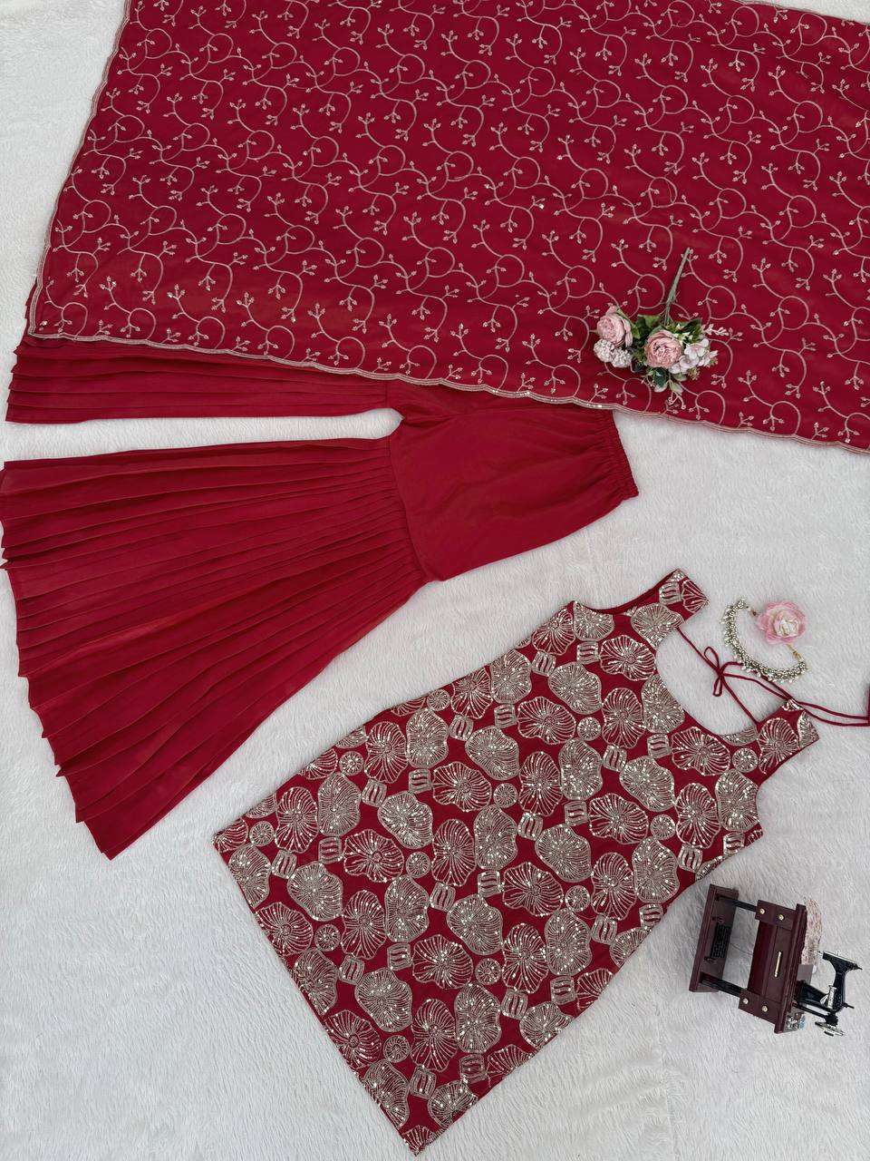 Elegant Simmer Silk Sharara Set â€“ Thread & Sequence Embroidered Top with Dupatta