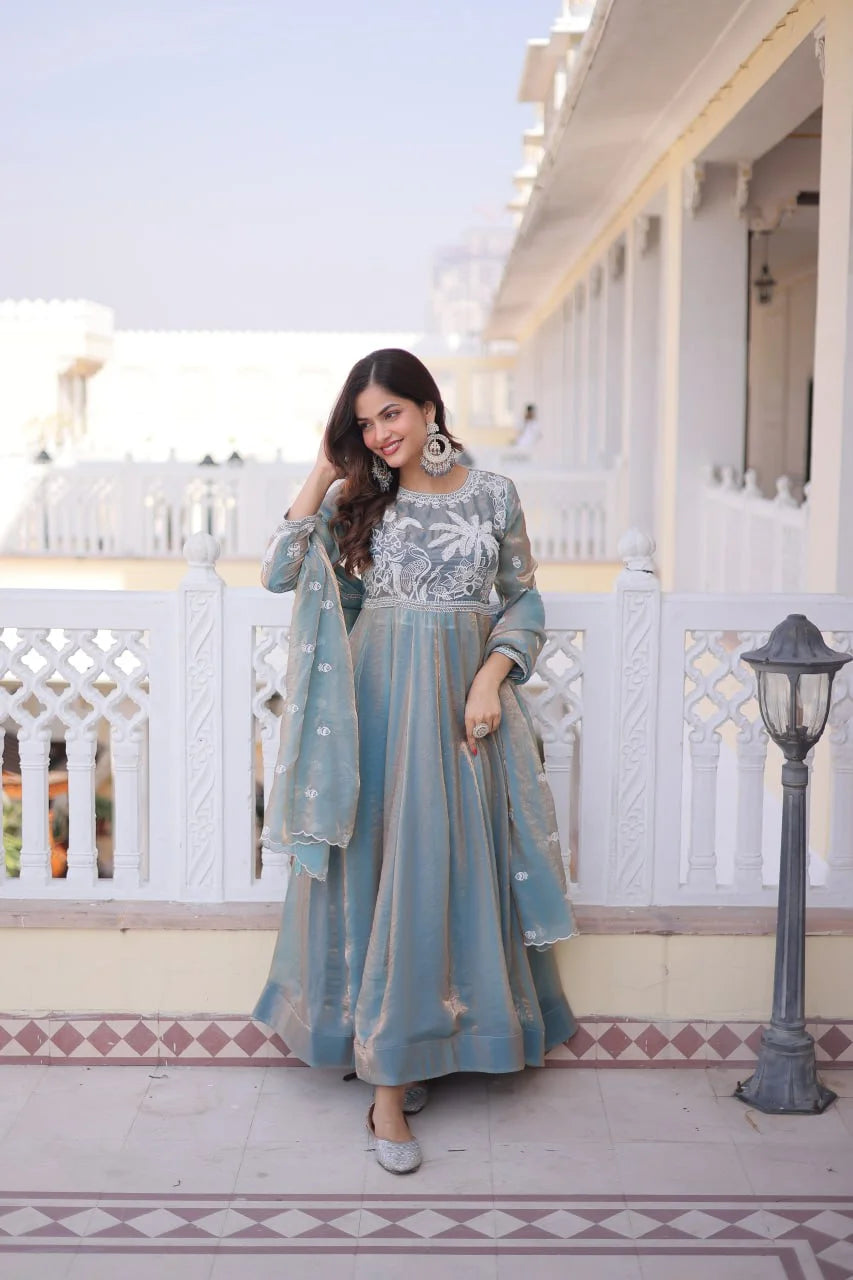 Elegant Fendi Satin Gown with Thread & Sequence Embroidery