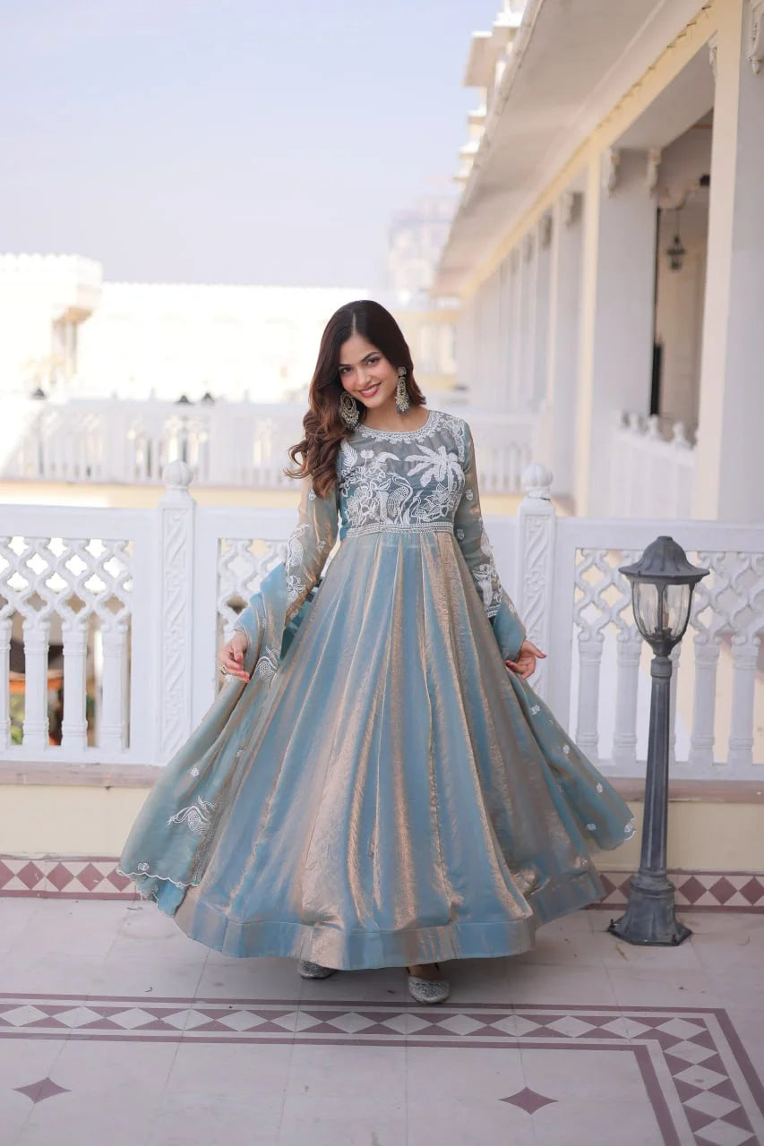 Elegant Fendi Satin Gown with Thread & Sequence Embroidery