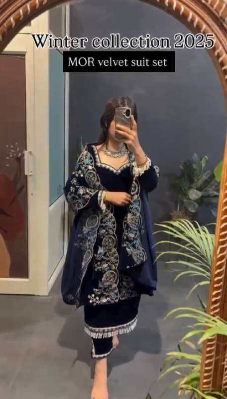 Elegant Blue Heavy Velvet Suit â€“ Premium Thread-Sequence Work & Dupatta