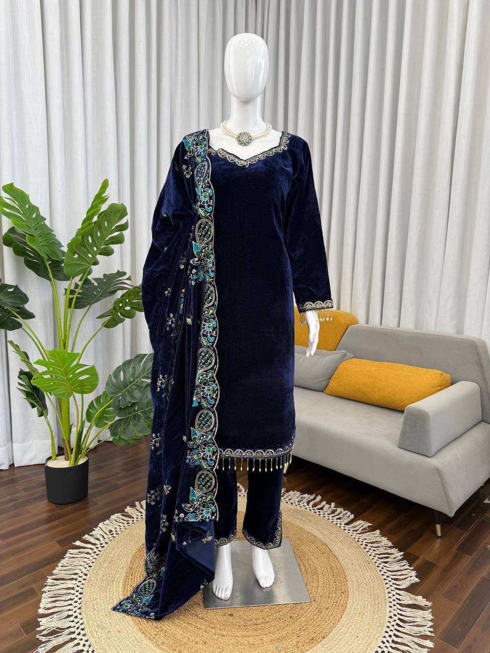 Elegant Blue Heavy Velvet Suit â€“ Premium Thread-Sequence Work & Dupatta