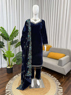 Elegant Blue Heavy Velvet Suit â€“ Premium Thread-Sequence Work & Dupatta