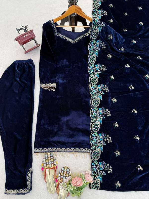 Elegant Blue Heavy Velvet Suit â€“ Premium Thread-Sequence Work & Dupatta