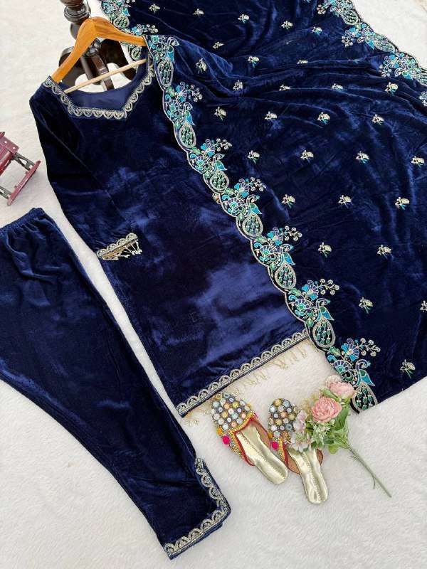 Elegant Blue Heavy Velvet Suit â€“ Premium Thread-Sequence Work & Dupatta
