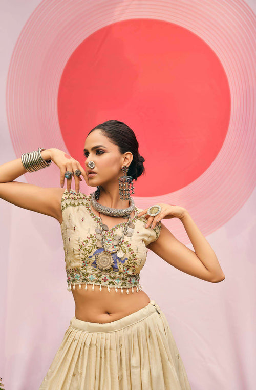 Cream Shimmer Lehenga Set with Dupatta | Premium Embroidery & Latkan Design