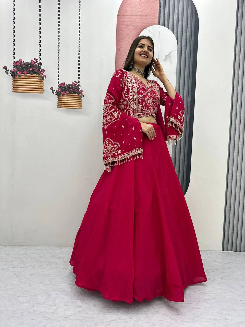 Elegant Chinon Embroidered Lehenga Set with Designer Jacket