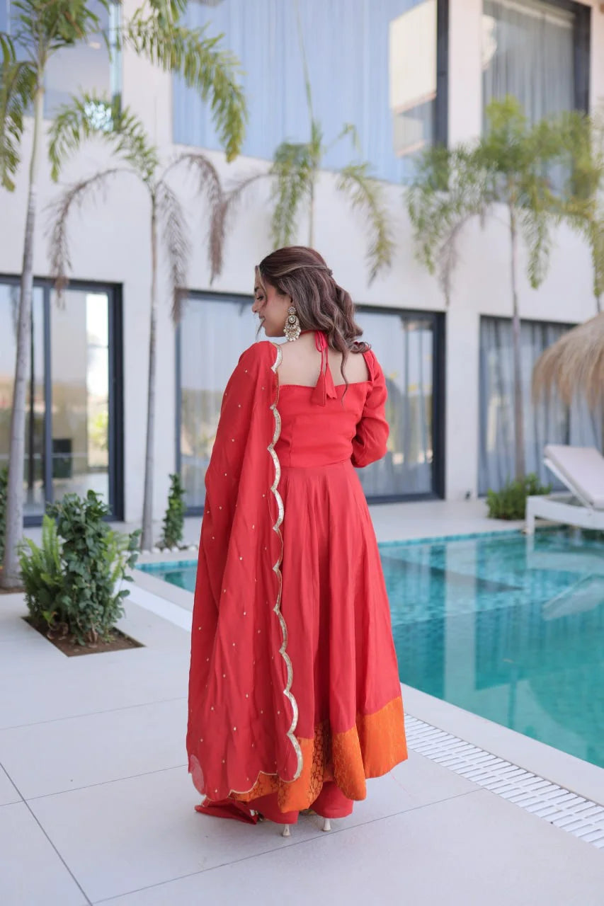 Elegant Chanderi Kali Pattern Kurti with Roman Silk Pant