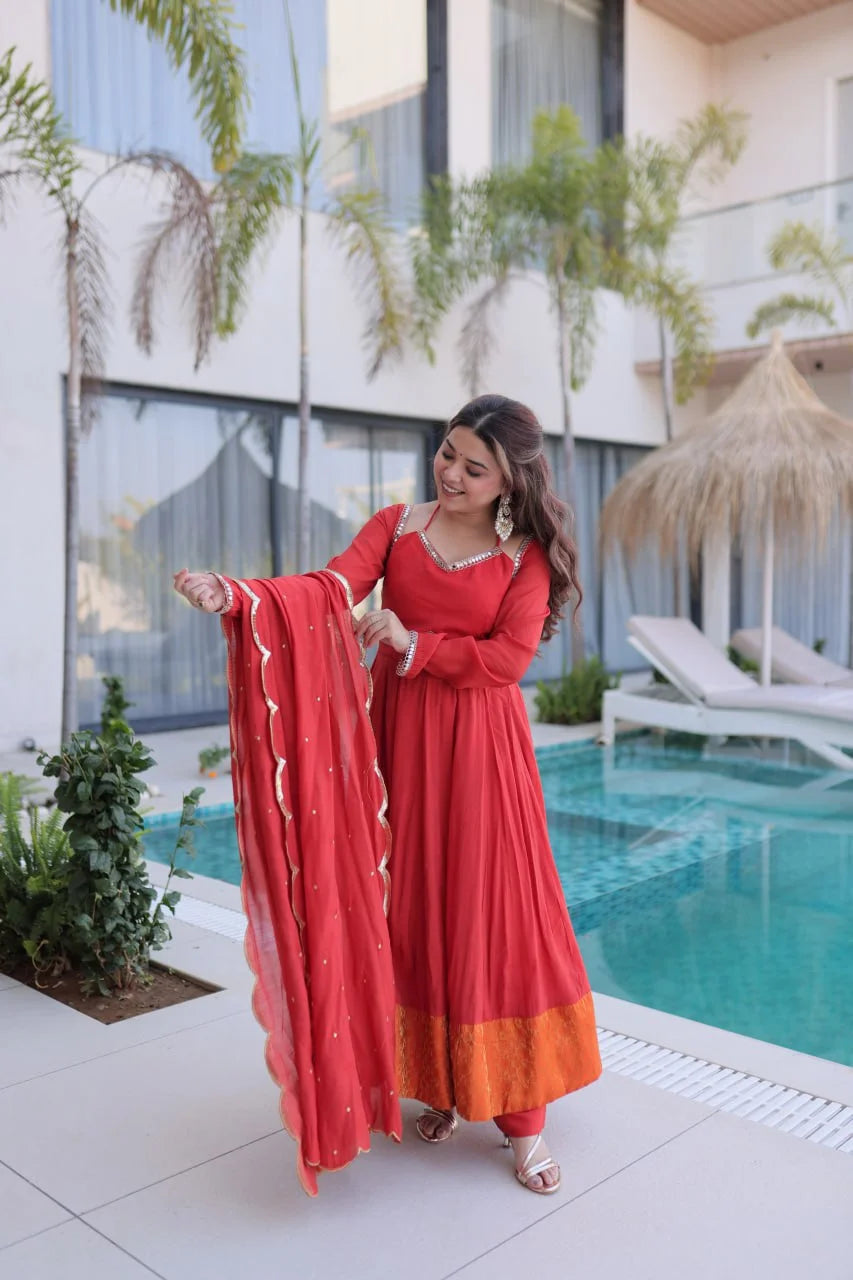 Elegant Chanderi Kali Pattern Kurti with Roman Silk Pant