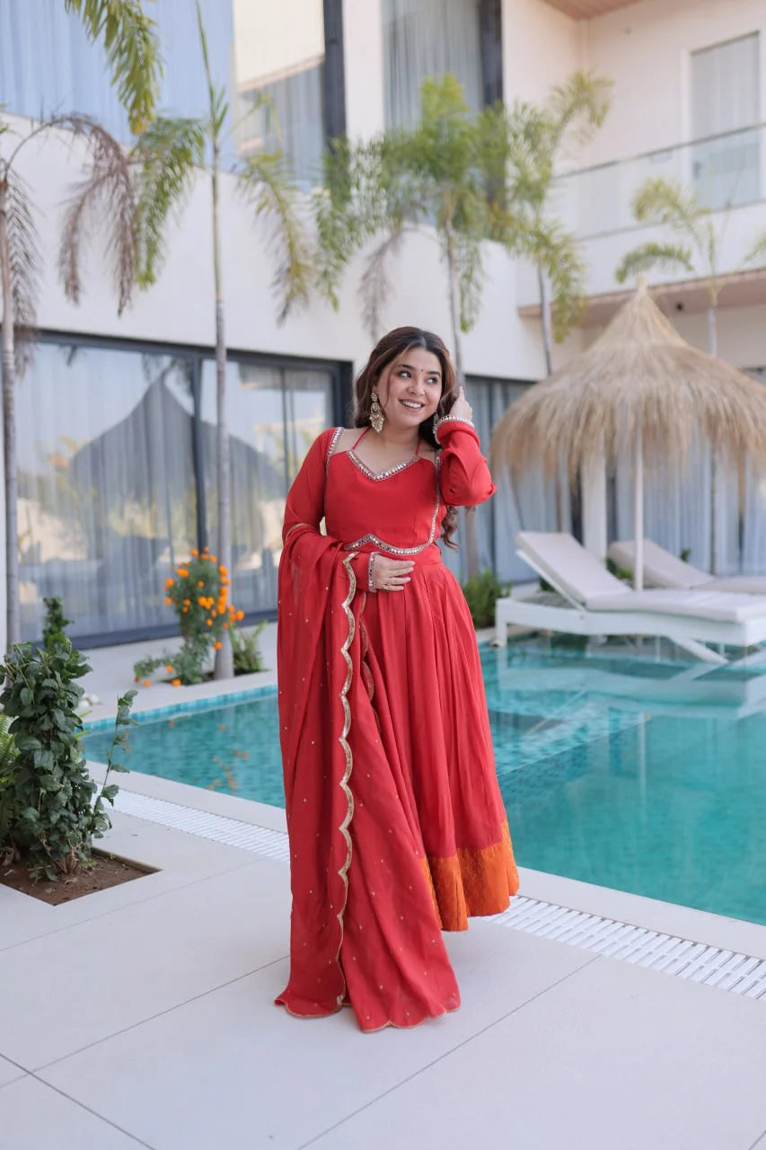 Elegant Chanderi Kali Pattern Kurti with Roman Silk Pant