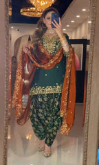Designer Green Chinon Silk Dhoti Set â€“ Fully Stitched Top, Dhoti & Dupatta