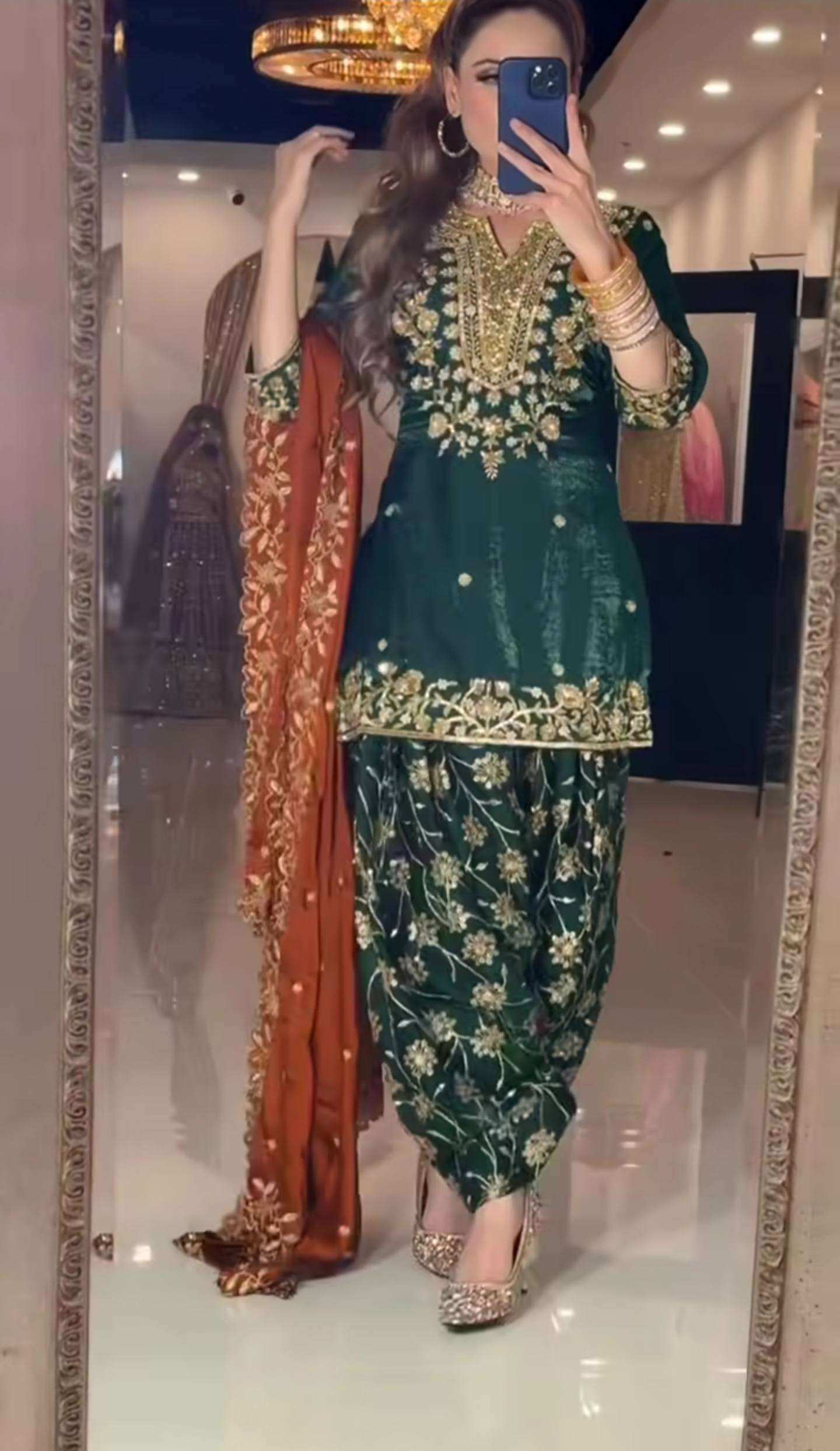 Designer Green Chinon Silk Dhoti Set â€“ Fully Stitched Top, Dhoti & Dupatta
