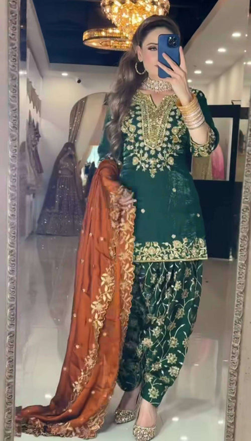 Designer Green Chinon Silk Dhoti Set â€“ Fully Stitched Top, Dhoti & Dupatta