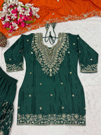 Designer Green Chinon Silk Dhoti Set â€“ Fully Stitched Top, Dhoti & Dupatta