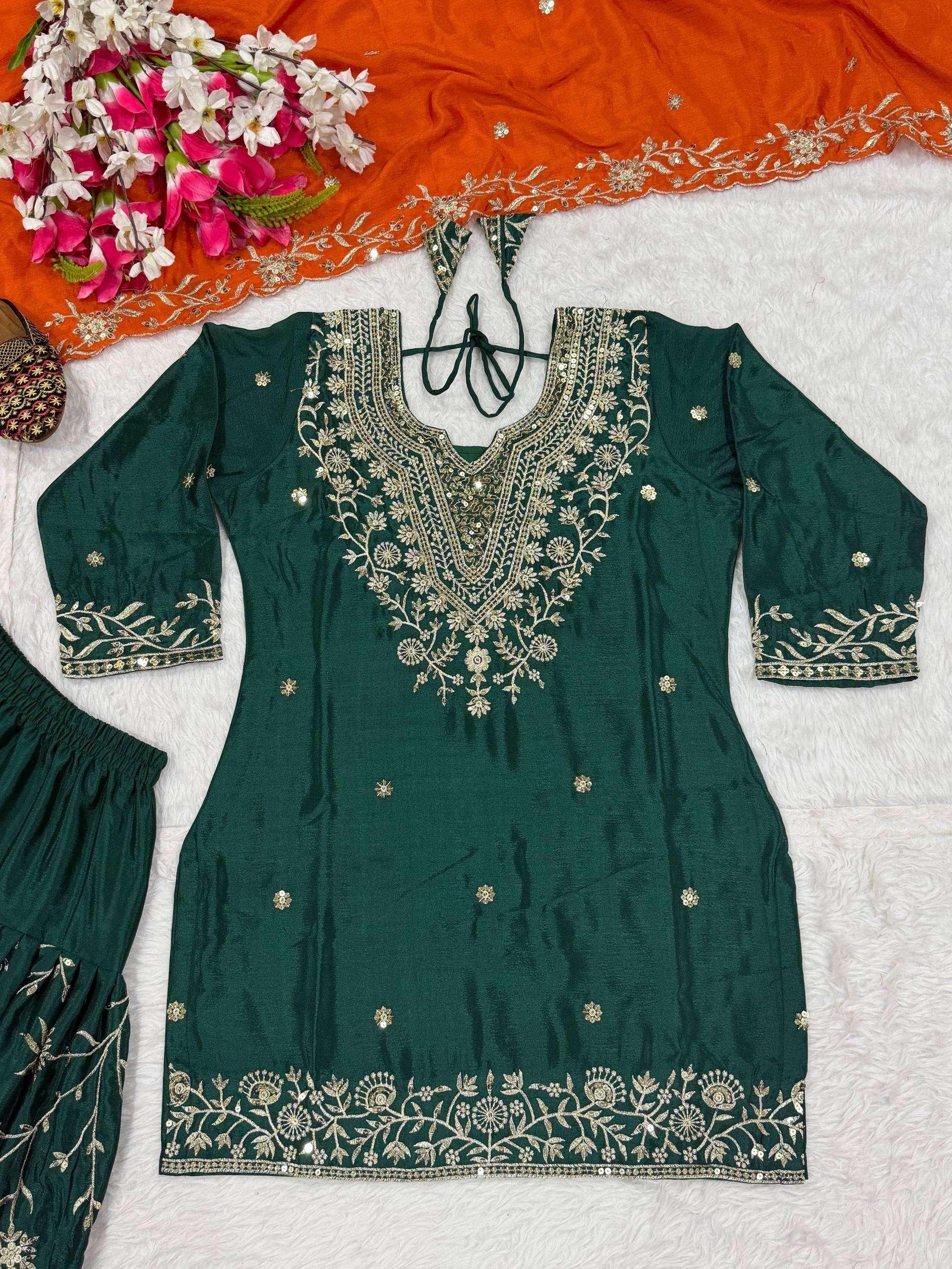 Designer Green Chinon Silk Dhoti Set â€“ Fully Stitched Top, Dhoti & Dupatta