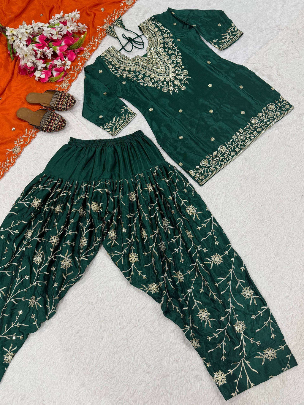 Designer Green Chinon Silk Dhoti Set â€“ Fully Stitched Top, Dhoti & Dupatta