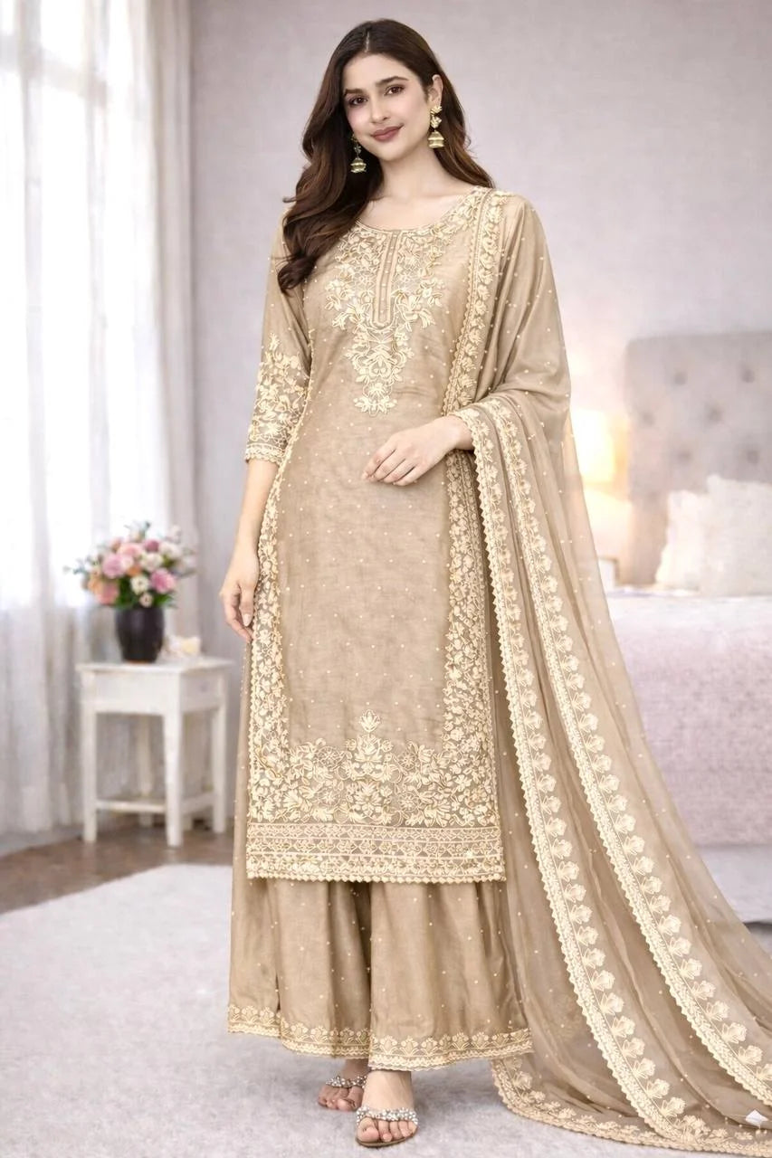 Classic Beige Embroidery Ensemble Kurti Plazzo Set â€“ Eid Special
