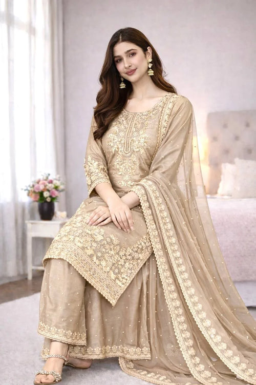 Classic Beige Embroidery Ensemble Kurti Plazzo Set â€“ Eid Special