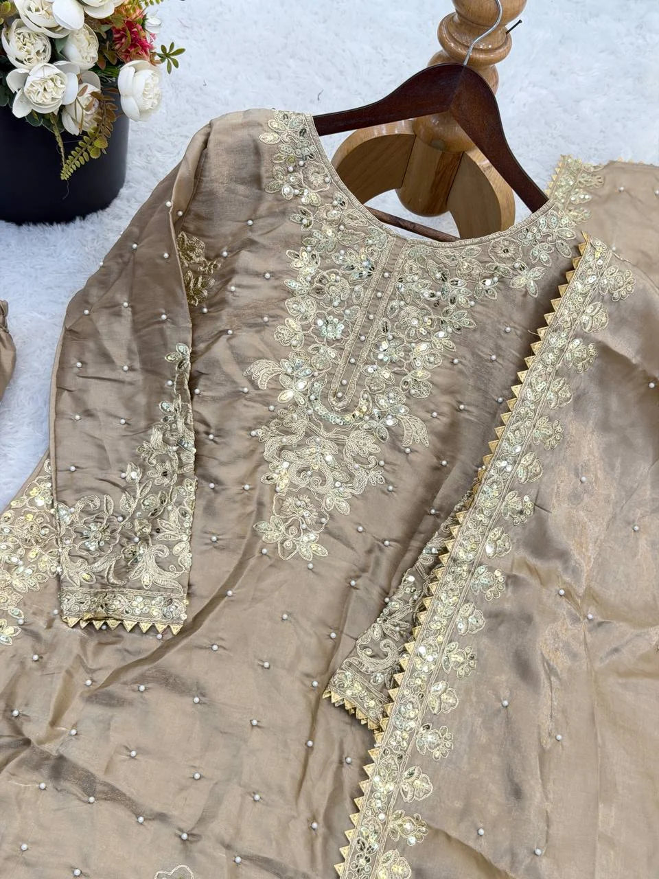 Classic Beige Embroidery Ensemble Kurti Plazzo Set â€“ Eid Special