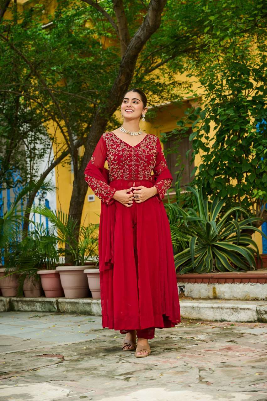 Maroon Faux Blooming Suit Set â€“ Multithreaded Beads Embroidery with Fancy V Neck & Dupatta | Premium Ethnic Wear