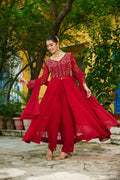Maroon Faux Blooming Suit Set â€“ Multithreaded Beads Embroidery with Fancy V Neck & Dupatta | Premium Ethnic Wear