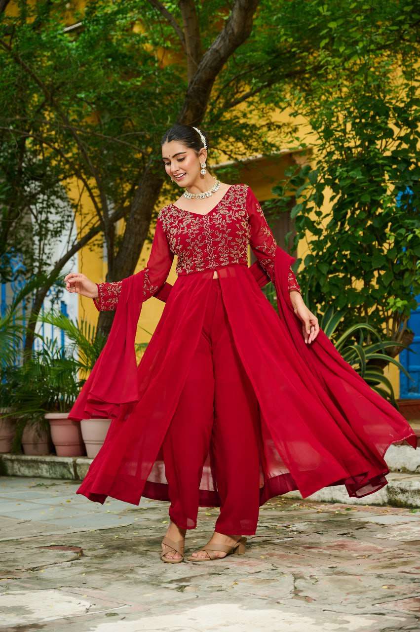 Maroon Faux Blooming Suit Set â€“ Multithreaded Beads Embroidery with Fancy V Neck & Dupatta | Premium Ethnic Wear