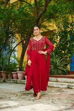 Maroon Faux Blooming Suit Set â€“ Multithreaded Beads Embroidery with Fancy V Neck & Dupatta | Premium Ethnic Wear