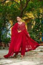Maroon Faux Blooming Suit Set â€“ Multithreaded Beads Embroidery with Fancy V Neck & Dupatta | Premium Ethnic Wear