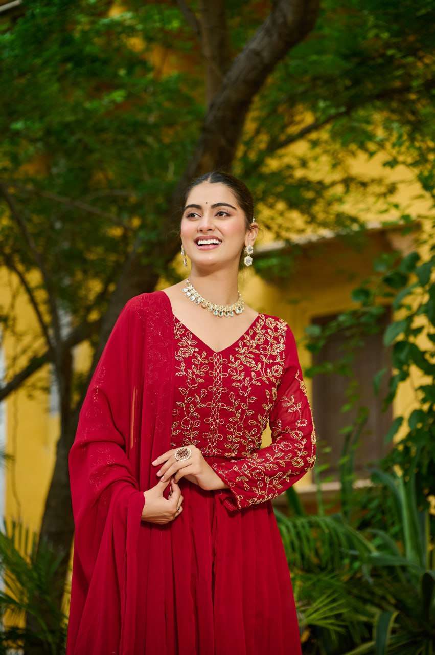 Maroon Faux Blooming Suit Set â€“ Multithreaded Beads Embroidery with Fancy V Neck & Dupatta | Premium Ethnic Wear