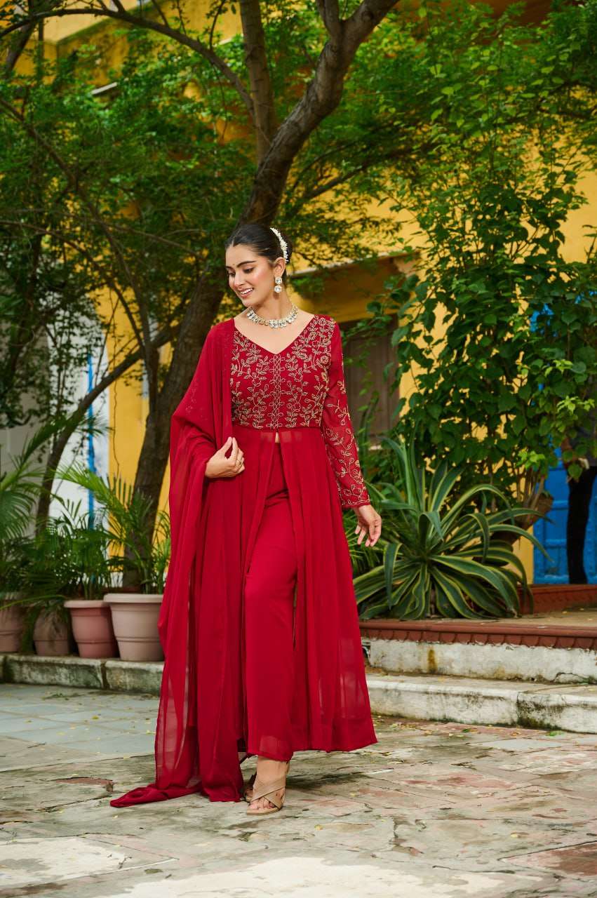 Maroon Faux Blooming Suit Set â€“ Multithreaded Beads Embroidery with Fancy V Neck & Dupatta | Premium Ethnic Wear
