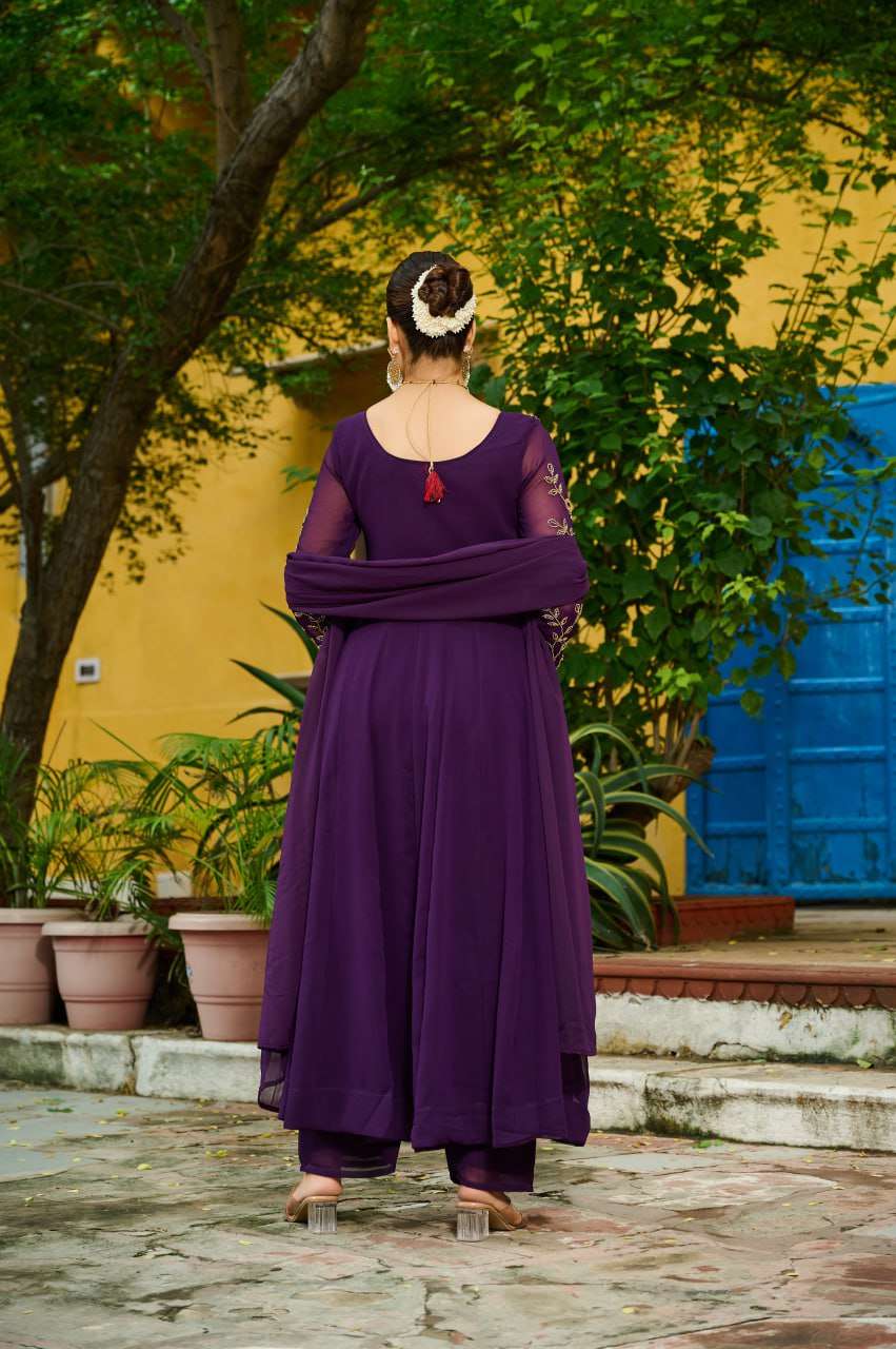 Royal Wine Embroidered Suit Set â€“ Fancy V Neck Top, Faux Blooming Bottom & Dupatta | Party Ready Outfit