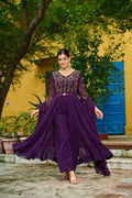 Royal Wine Embroidered Suit Set â€“ Fancy V Neck Top, Faux Blooming Bottom & Dupatta | Party Ready Outfit