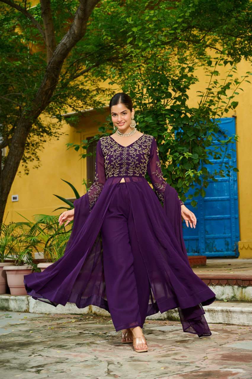Royal Wine Embroidered Suit Set â€“ Fancy V Neck Top, Faux Blooming Bottom & Dupatta | Party Ready Outfit
